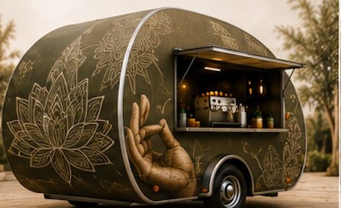 Concept render of a dark green teardrop coffee trailer with a lotus and hand design