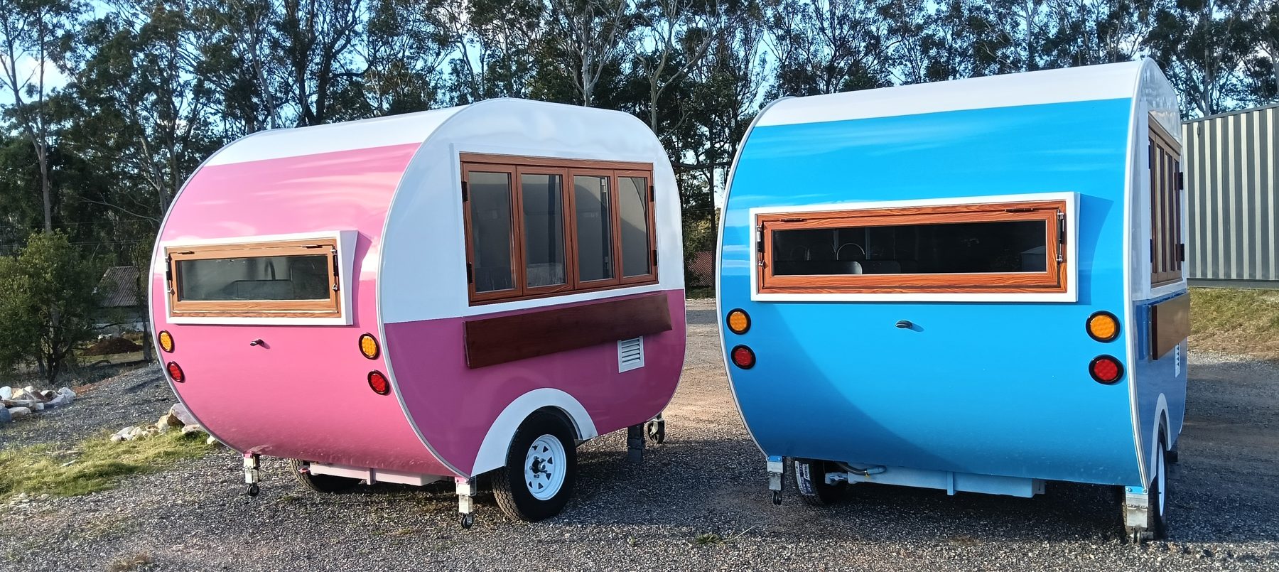 Pink and blue teardrop trailer