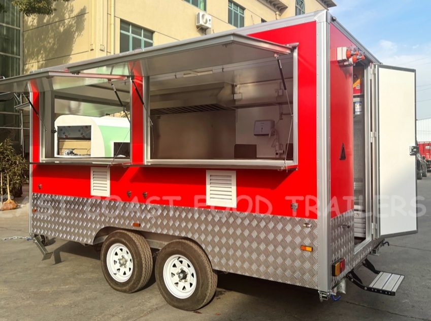 Red trailer with open service windows